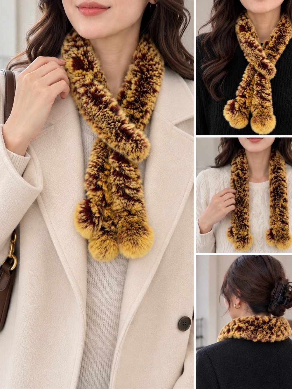 Real Fur Short Scarf Collar Brown Gold Super Soft Pom Pom